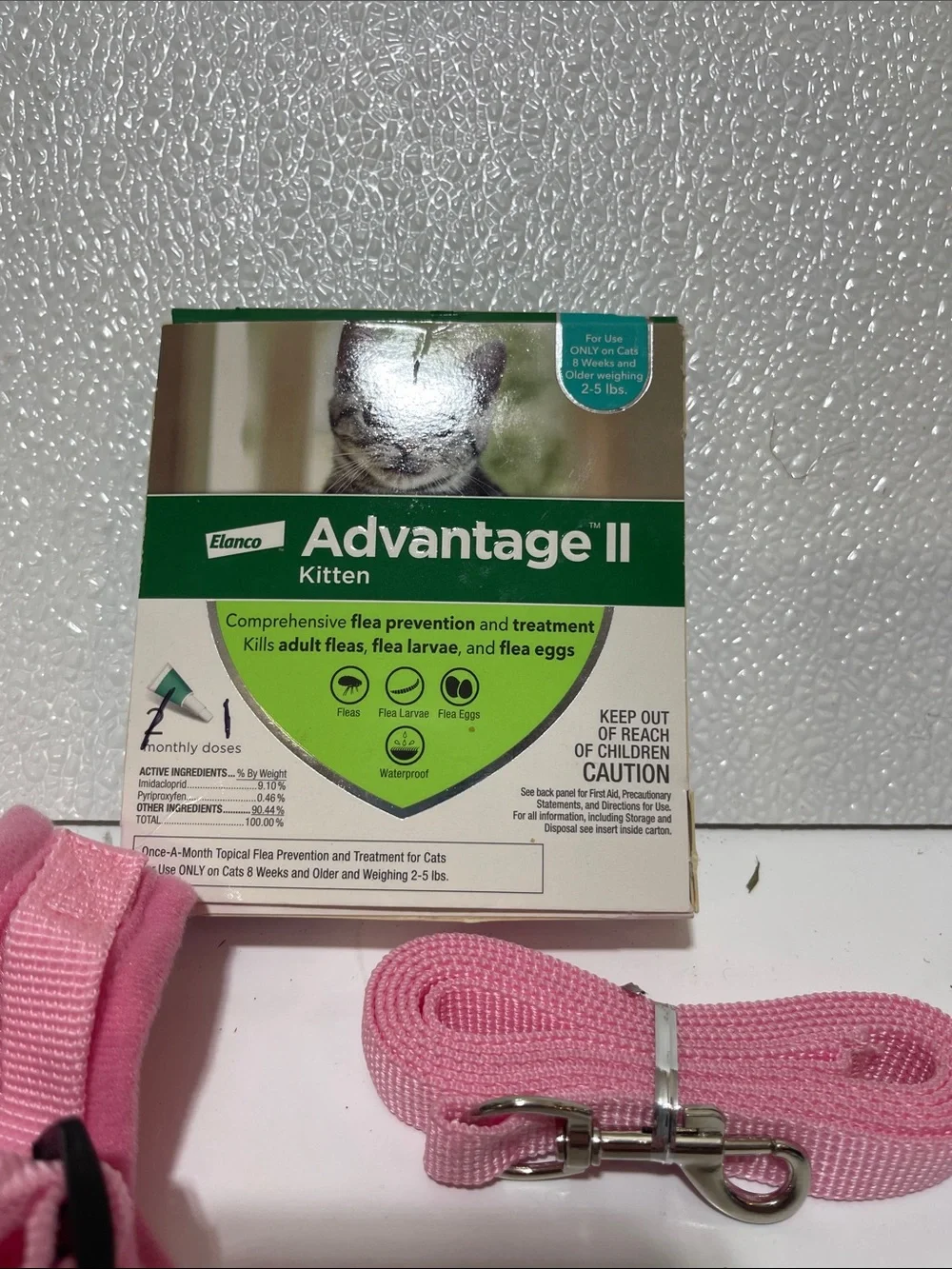 5/$25 Pink Reflective Kitten Harness/Leash Set and 1 month Advantage II